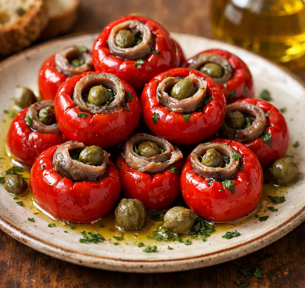 Piments farcis d’anchois et de câpres à l’huile d’olive