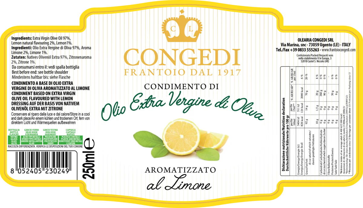 Assaisonnement à base Huile d’olive extra vierge au citron 0,25 l