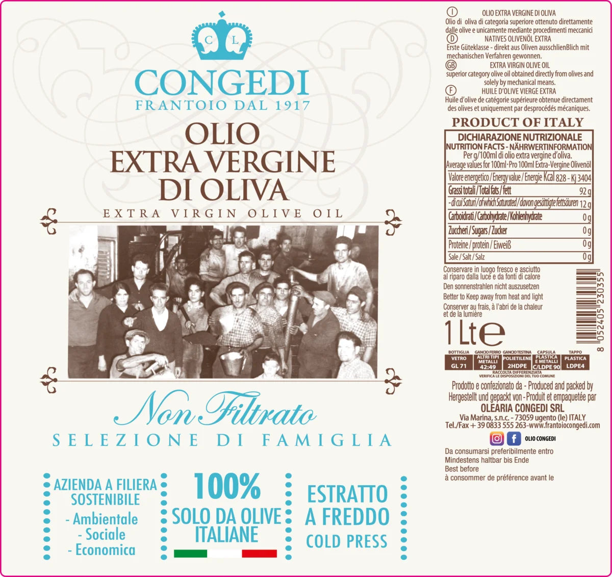 Huile d’olive vierge extra – non filtrée 1 Lt