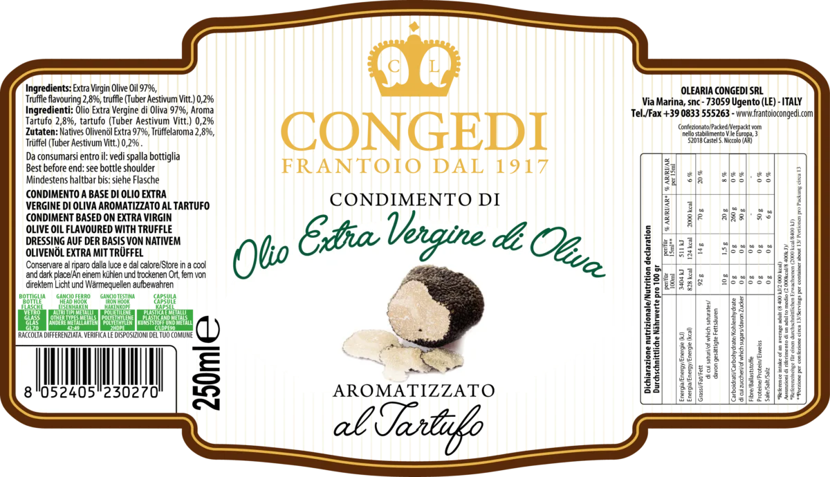 Assaisonnement à base d’huile d’olive extra vierge à la truffe 0,25 l