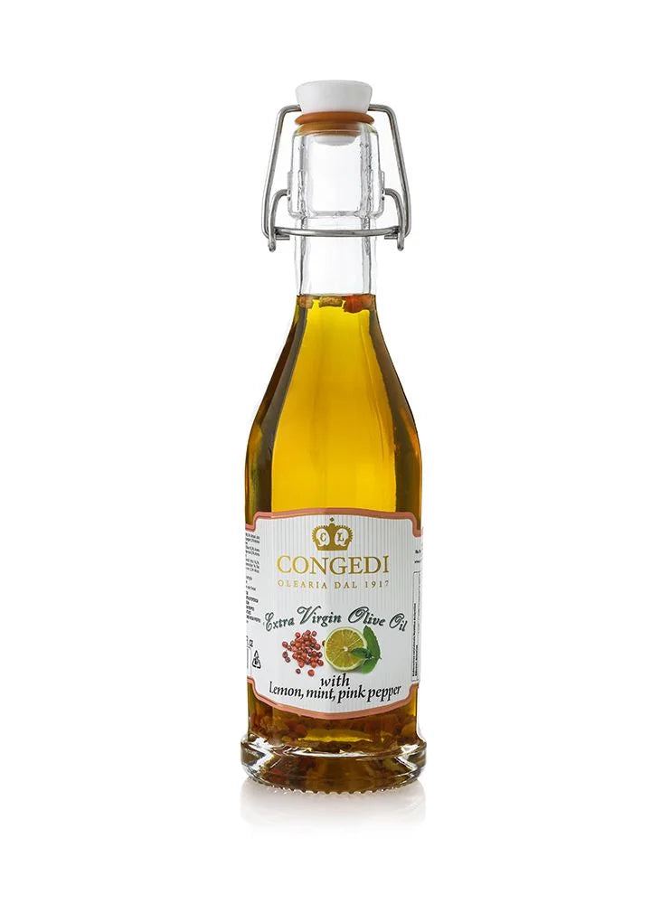 Assaisonnement à base d’Huile d’Olive Extra Vierge au Citron, Menthe et Poivre Rose 0.25 l