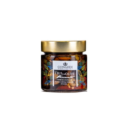 Tris d’olives piquantes dénoyautées à l’huile d’olive extra vierge 220gr